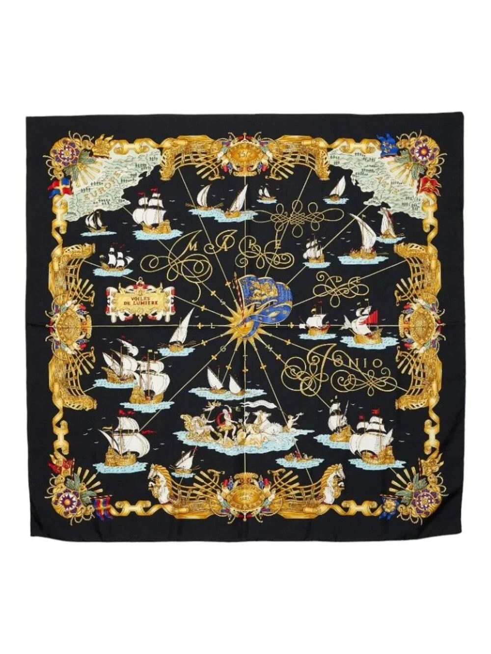 Hermes Carre 90 Voiles de Lumiere Sailing Ship of Light Scarf Black Multicolor